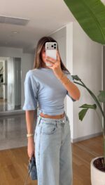 Light Blue Short Sleeve Fitted Top - Image 2