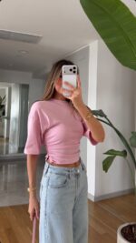 Light Pink Short Sleeve Fitted Top - Image 2