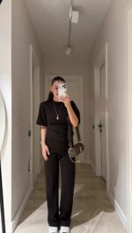 Brown Short Sleeve Top and Pants Set