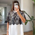 White Short Sleeve Top With Black Lace