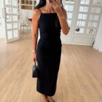 Black Sleeveless Midi Slip Dress