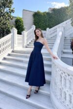 Strapless Dark Blue Denim Midi Dress