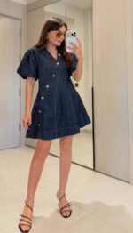 Dark Denim Puff Sleeve Mini Dress