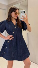 Dark Denim Puff Sleeve Mini Dress - Image 2