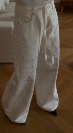 White Wide Leg Rhinestone Jeans - Image 2
