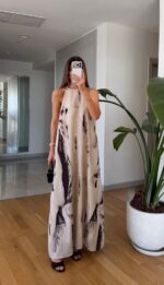 Beige and Black Abstract Maxi Dress - Image 3