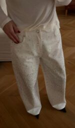 White Wide Leg Rhinestone Jeans - Image 3