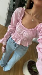 Pink Long Sleeve Smocked Crop Top - Image 3