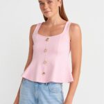 Pink Button Front Peplum Tank Top