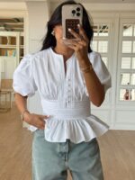 White Peplum Puff Sleeve Blouse