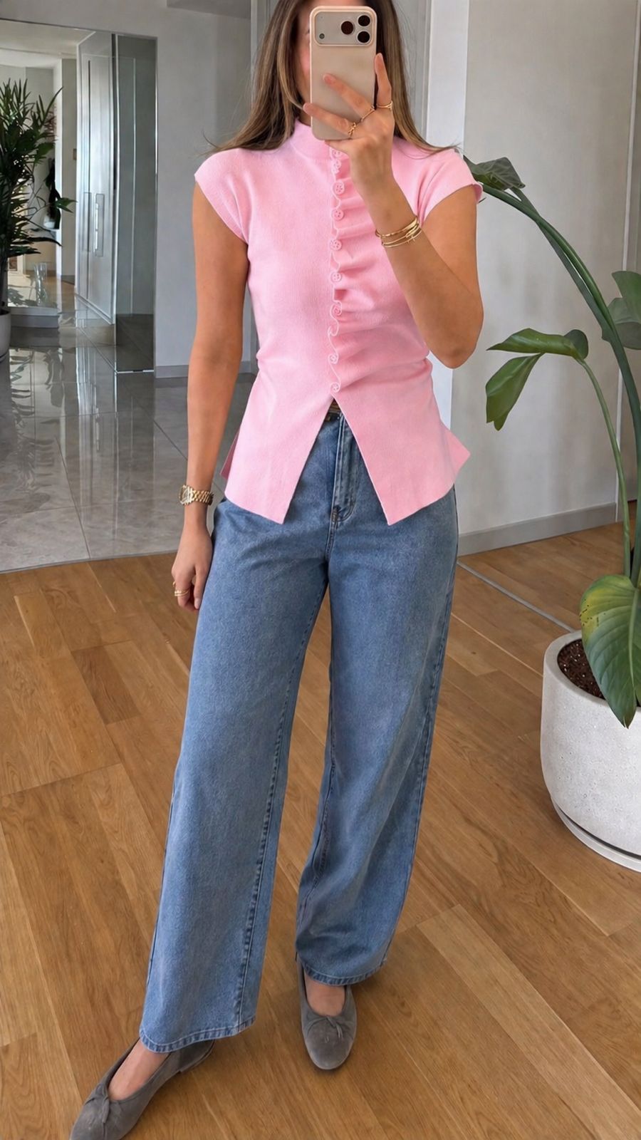 c33cbf0f-6c7a-4936-ab5d-aea6b0d9d85a Pink Cap Sleeve Button Down Top - Image 1