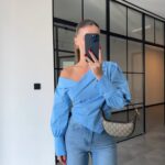 Light Blue Asymmetric Off Shoulder Blouse