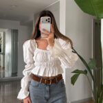 White Long Sleeve Smocked Crop Top