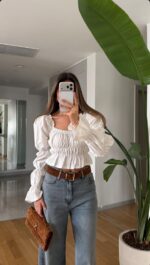 White Long Sleeve Smocked Crop Top