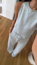Light Wash Denim Top with Wide Leg Pants Set - Image 4