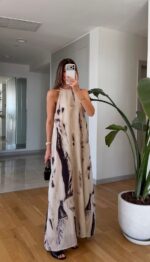Beige and Black Abstract Maxi Dress