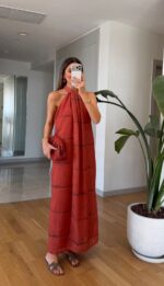 Rust Halter Neck Maxi Dress