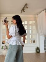 White Peplum Puff Sleeve Blouse - Image 4