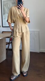 Beige Pleated Top and Wide Leg Pants Set - Image 2