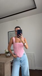 Pink Lace Trim Corset Top