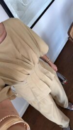 Beige Pleated Top and Wide Leg Pants Set - Image 4