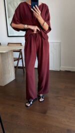 Burgundy Wide Leg Top and Pants Set - Image 2