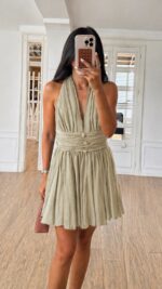 Sleeveless Pleated Halter Mini Dress - Image 2