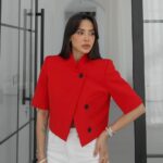 Red Cropped Short Sleeve Blazer Jacket