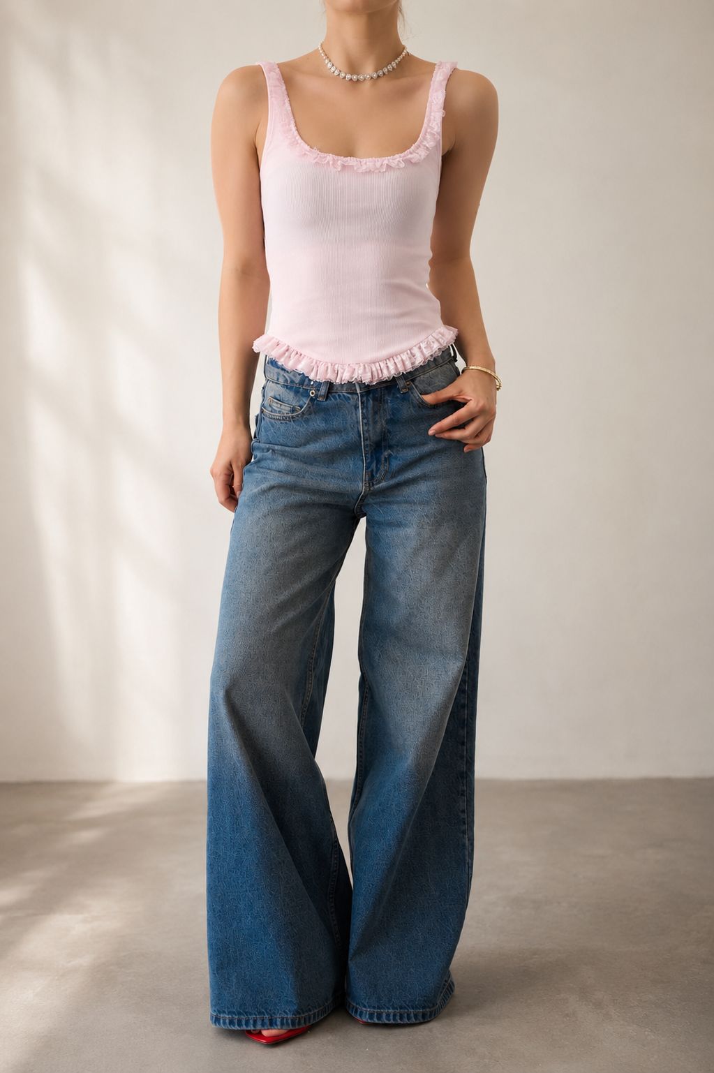 52e67ba8-58d9-4f6f-a0b7-6cc456b973e3 Light Pink Ruffle Trim Tank Top - Image 1