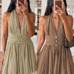 Sleeveless Pleated Halter Mini Dress
