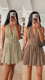 Sleeveless Pleated Halter Mini Dress