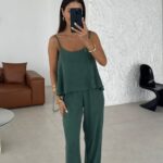 Dark Green Sleeveless Top and Pants Set