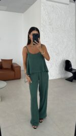 Dark Green Sleeveless Top and Pants Set