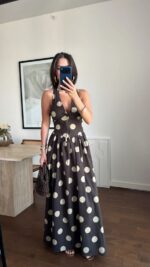 Brown Polka Dot Halter Maxi Dress