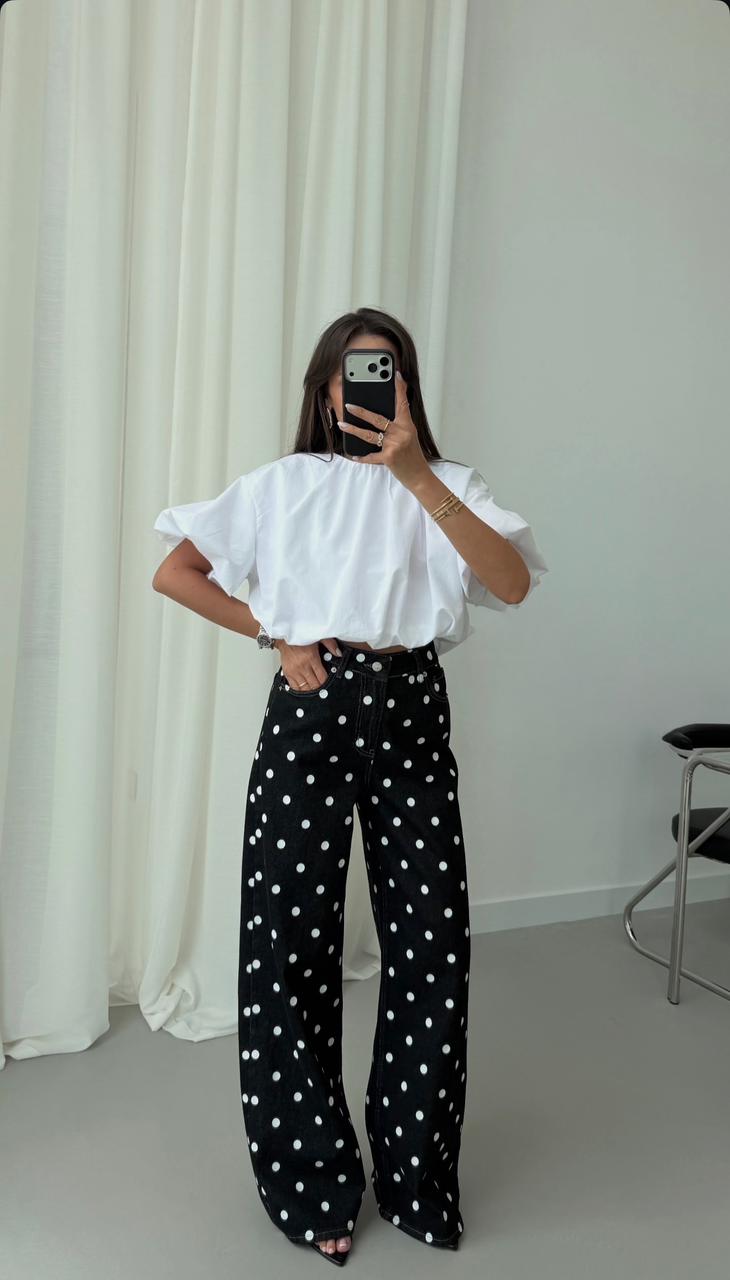 94f9c475-0fa6-47fd-a32f-f00c1ac46987.jpeg Black Polka Dot Wide Leg Jeans - Image 1