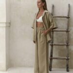 Beige Linen Wide Leg Pants Set