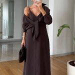 Brown Wrap Maxi Dress and Shirt Set