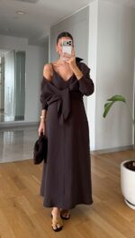Brown Wrap Maxi Dress and Shirt Set