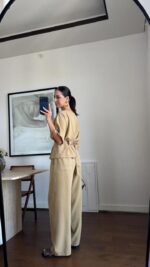 Beige Pleated Top and Wide Leg Pants Set - Image 3