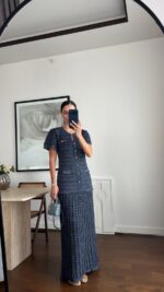 Navy Tweed Short Sleeve Maxi Dress