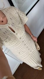 Beige Tweed Short Sleeve Maxi Dress - Image 3