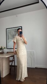 Beige Tweed Short Sleeve Maxi Dress