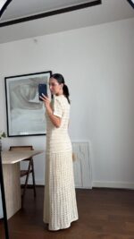 Beige Tweed Short Sleeve Maxi Dress - Image 2