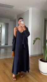 Navy Wrap Maxi Dress and Shirt Set - Image 2