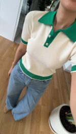 Cream and Green Short Sleeve Top - Image 2