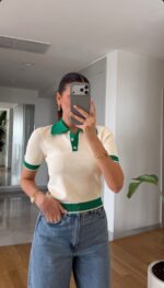 Cream and Green Short Sleeve Top