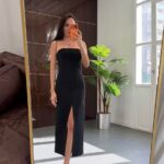 Strapless Black Button Front Midi Dress