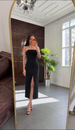 Strapless Black Button Front Midi Dress