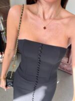 Strapless Black Button Front Midi Dress - Image 2