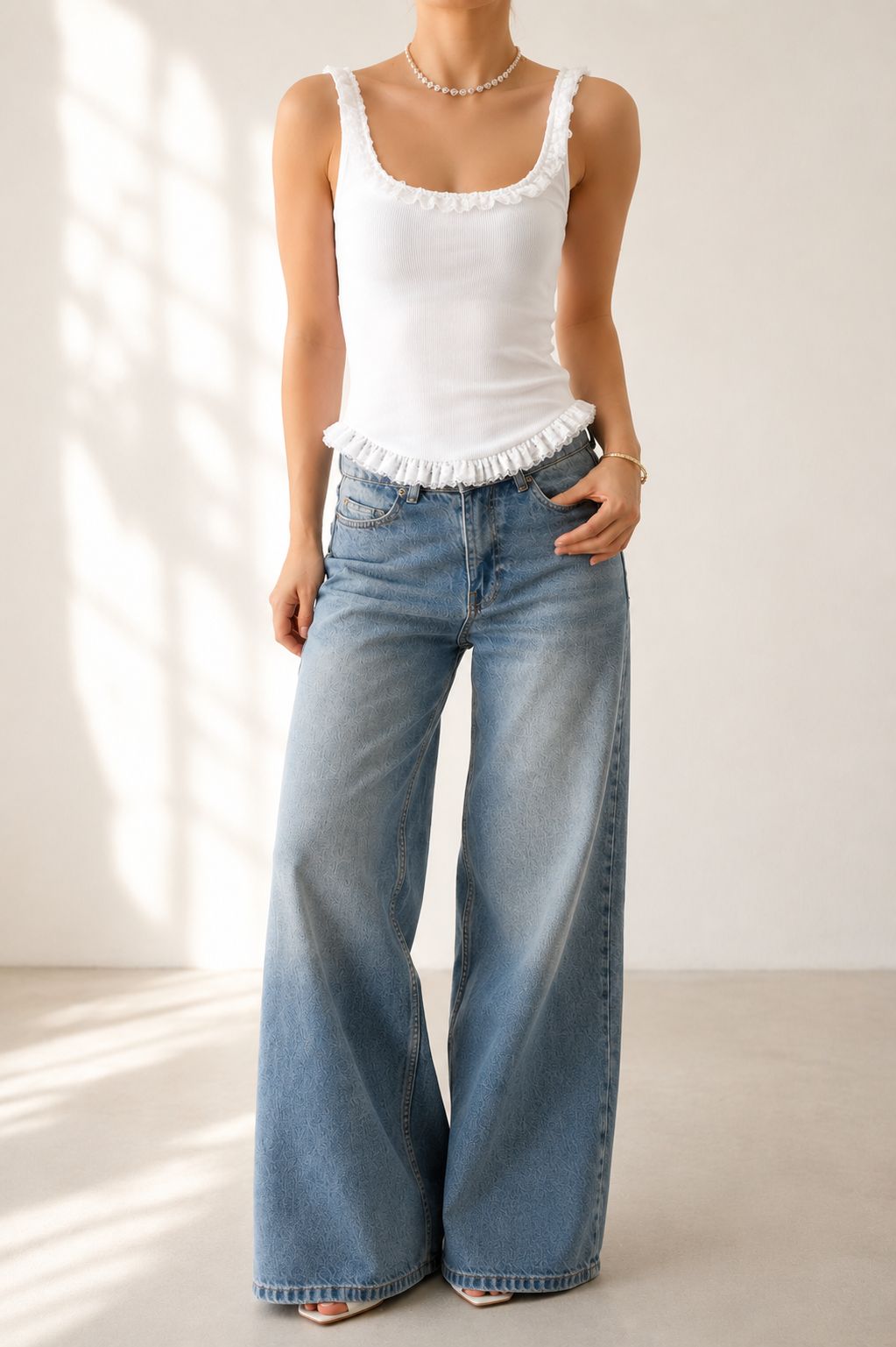 a19cf77b-596b-468c-a758-12c18bbb924f White Ruffle Trim Tank Top - Image 1